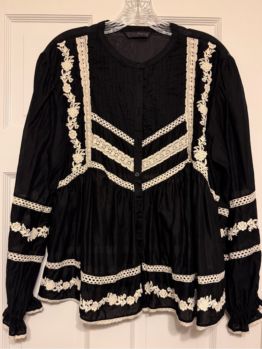 Zara Boho Black Embroidered Button-Front Women's Blouse